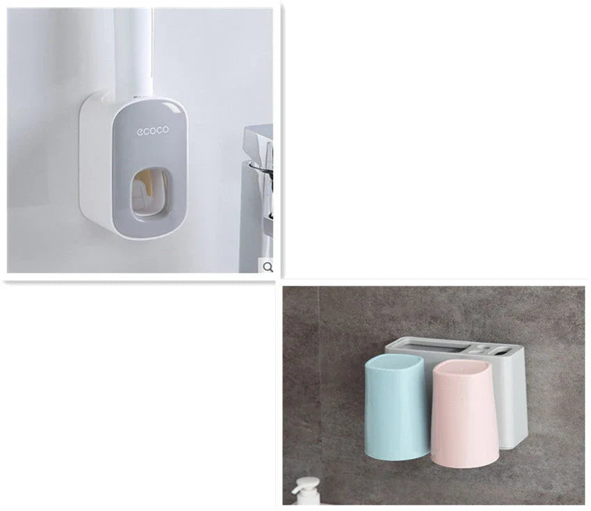 Wall-mounted automatic toothpaste dispenser with upside-down mouthwash cup for convenient and hygienic bathroom organization