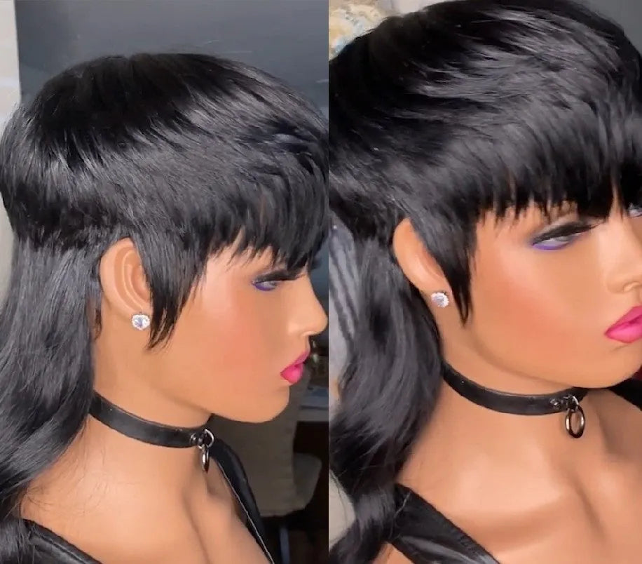 Brazilian black wig with bangs, short front and long back layers, made from synthetic high-temperature fibre.