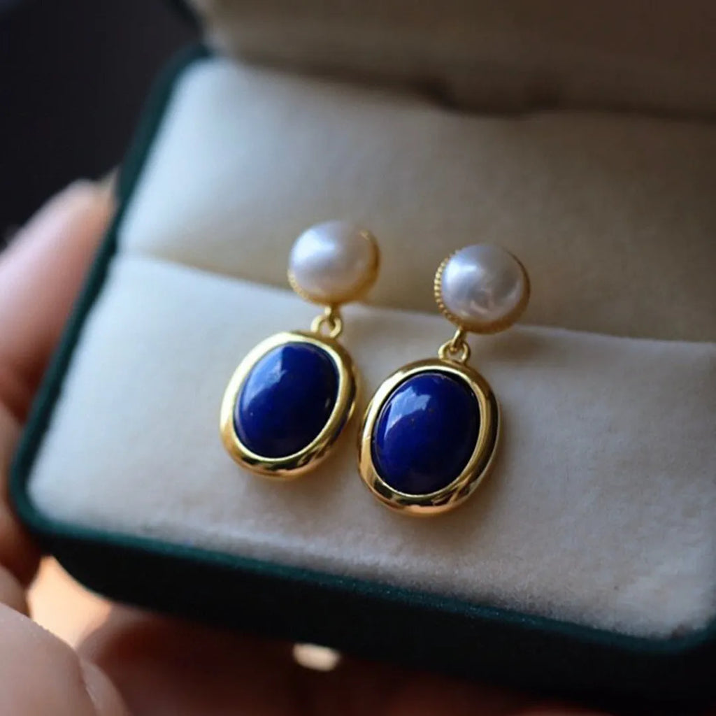 Natural lapis lazuli pearl earrings in sterling silver with auspicious patterns.