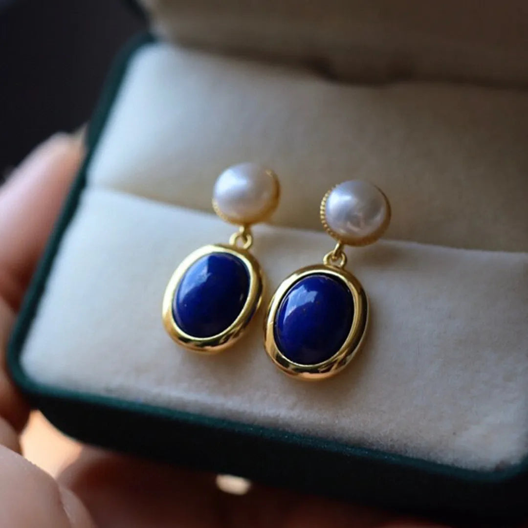 Natural lapis lazuli pearl earrings in sterling silver with auspicious patterns.