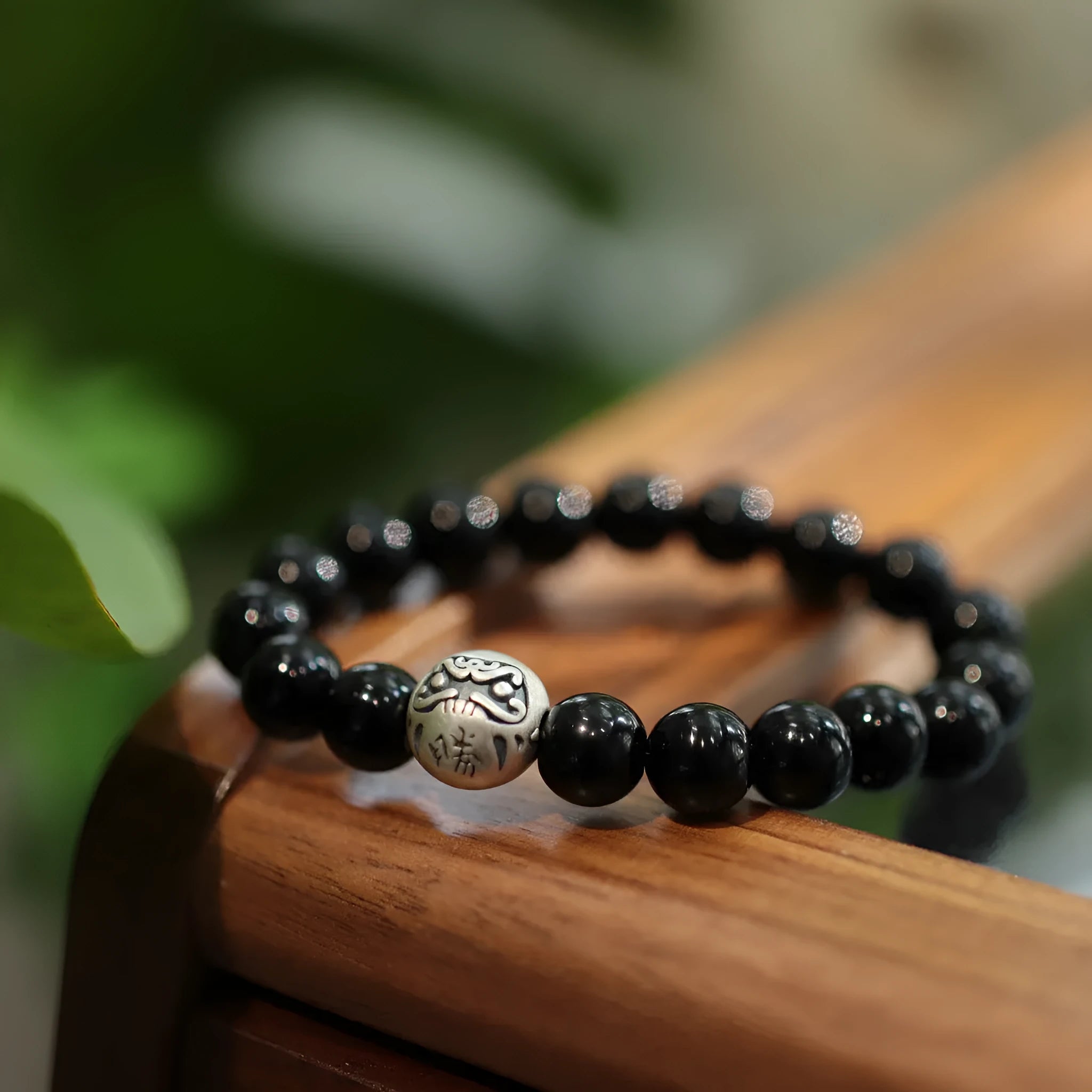 10mm black agate bracelet with sterling silver clasp in Chinese style