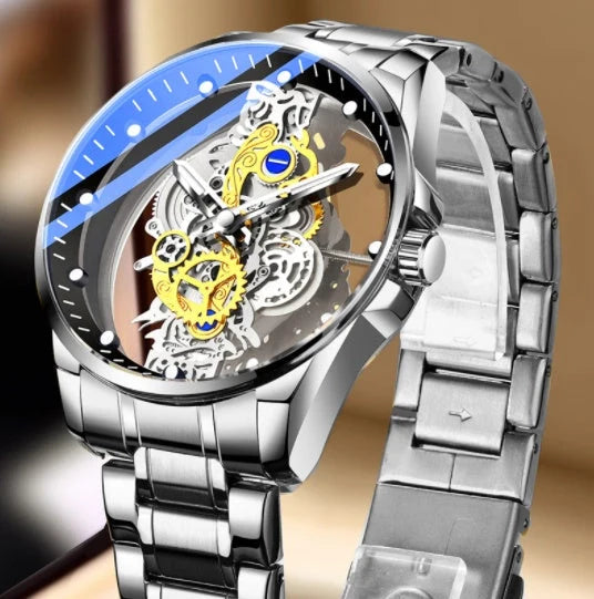 Men's skeleton automatic quartz watch with gold finish and mineral glass