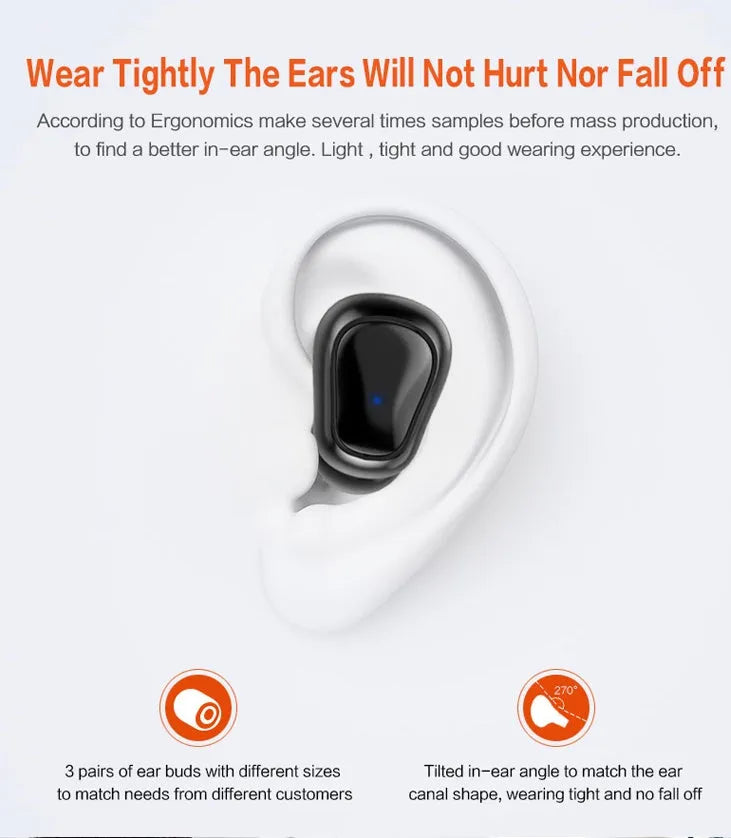 Black TWS wireless sports earbuds displayed next to their compact mini charging case.