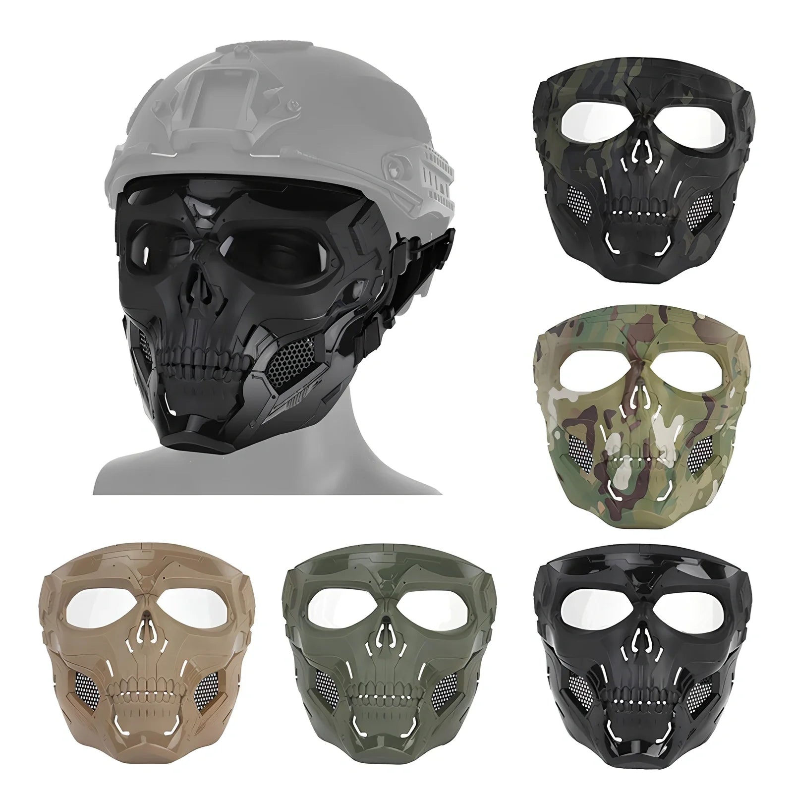 Black skull horror helmet mask 19x18cm with transparent PC goggles and adjustable bands for airsoft protection