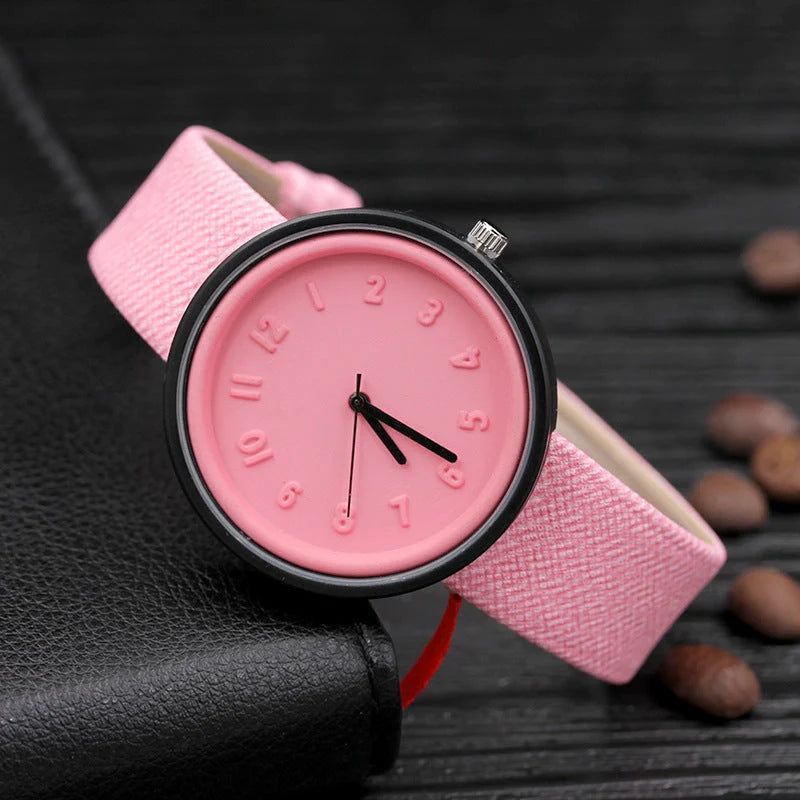 Creative ladies quartz watch with various color options, featuring a PU leather strap and mineral glass mirror
