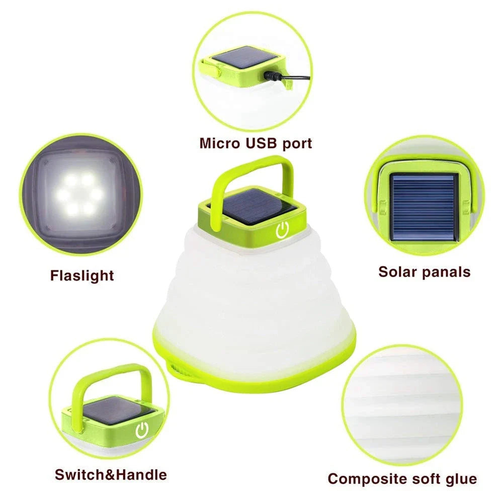 Collapsible solar-powered camping lantern with adjustable brightness levels and waterproof construction