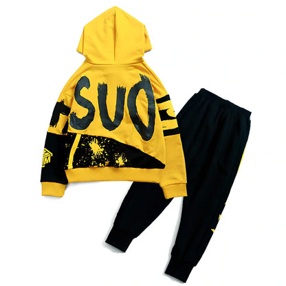 Boy's black hooded cotton sports suit two sets, long sleeve pullover top and trousers, 95% cotton for ages 8+