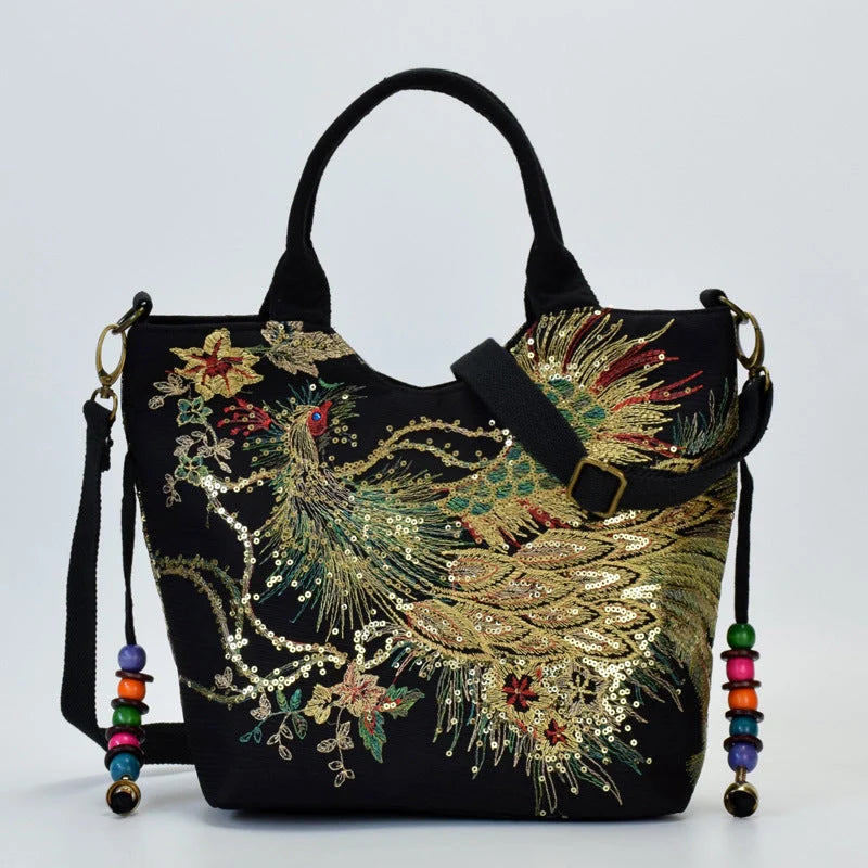 Canvas peacock embroidery small handbag with detachable strap in various colours