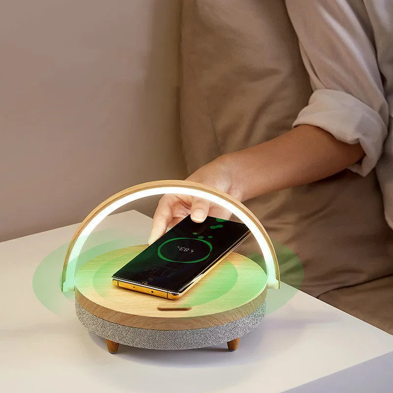 Wireless charging desk lamp with Bluetooth speaker and phone holder in marble pattern finish
