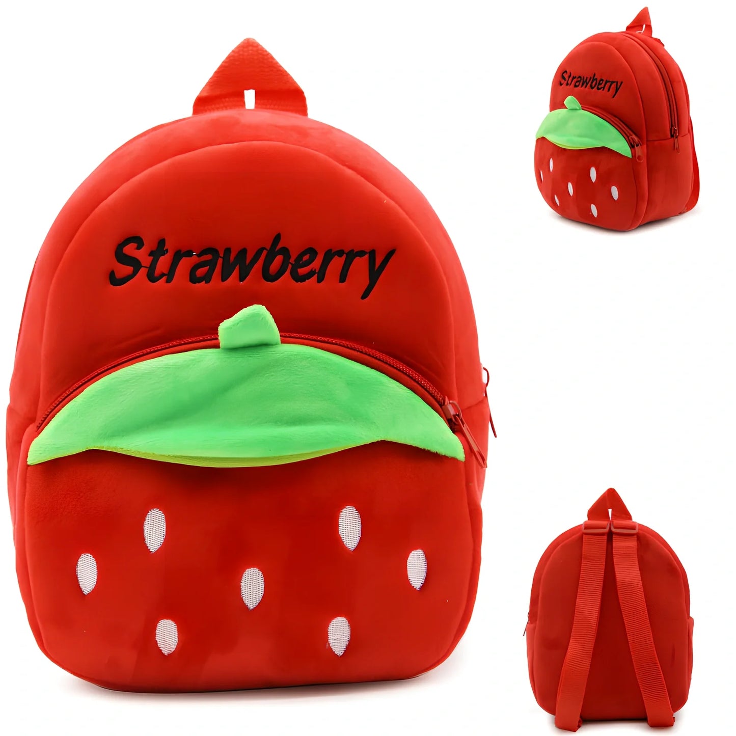 Children's strawberry print backpack with adjustable straps measuring 23.5cm height