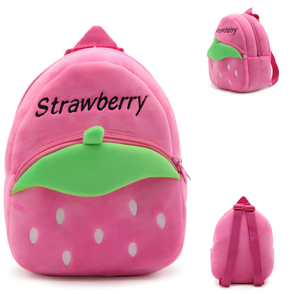 Children's strawberry print backpack with adjustable straps measuring 23.5cm height