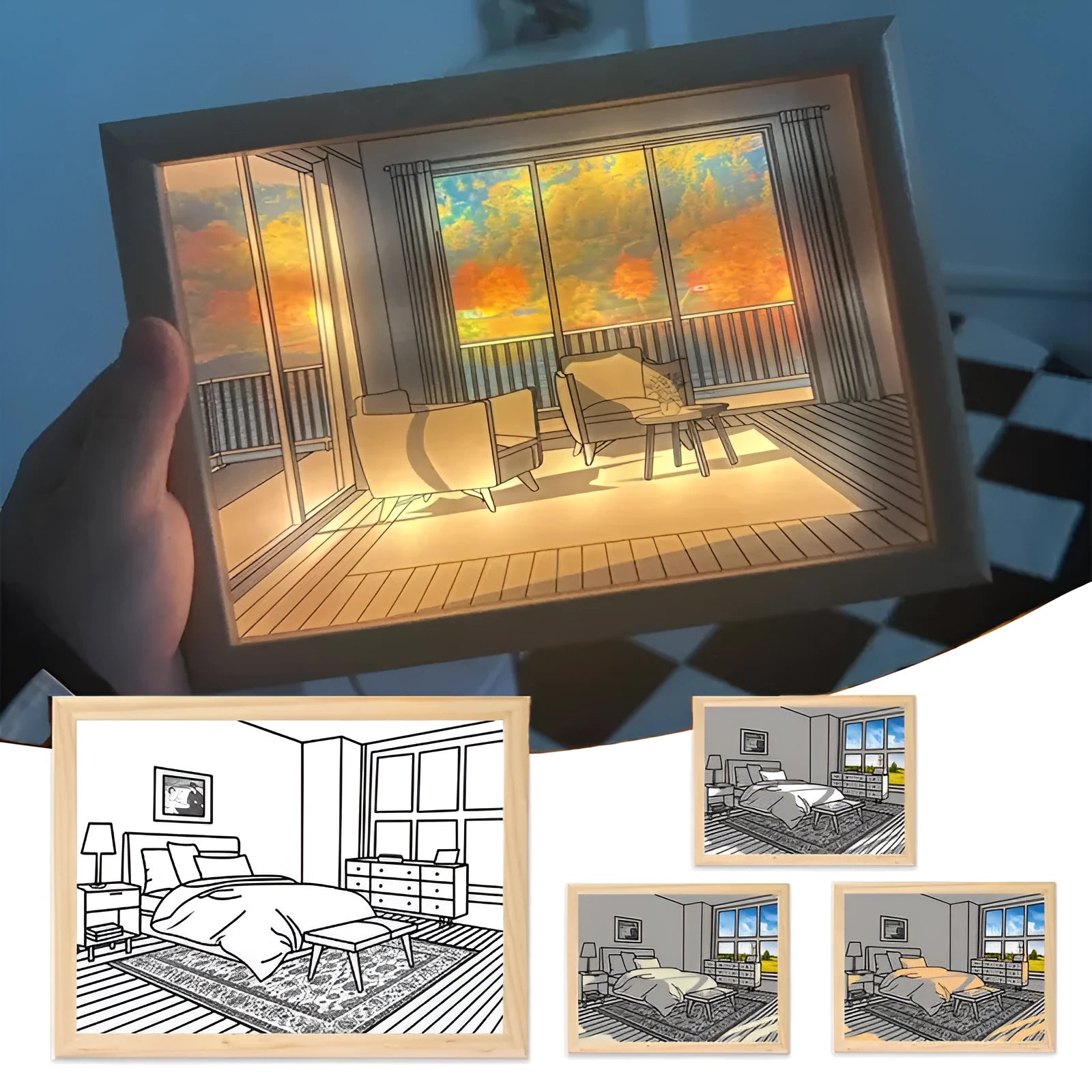 Illuminated LED decorative picture frame showing a scenic print with soft backlighting, featuring a wooden frame and a button switch.