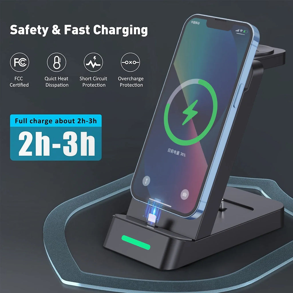 Black 3-in-1 wireless charging stand holding a phone, an Apple Watch, and AirPods case on a desk.