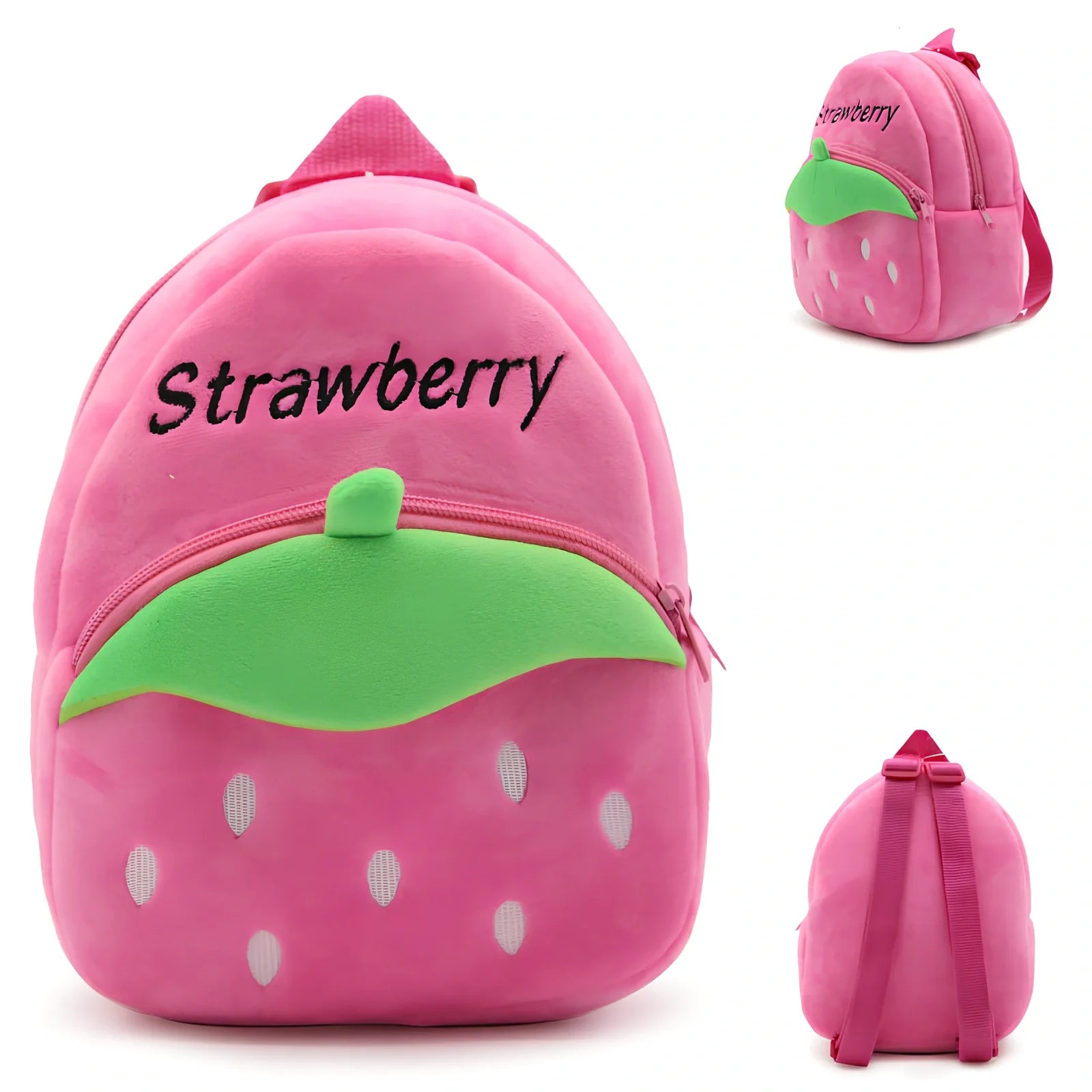 Children's strawberry print backpack with adjustable straps measuring 23.5cm height