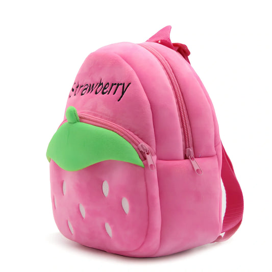 Children's strawberry print backpack with adjustable straps measuring 23.5cm height
