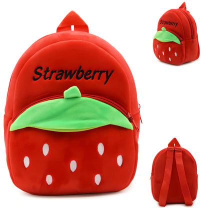Children's strawberry print backpack with adjustable straps measuring 23.5cm height