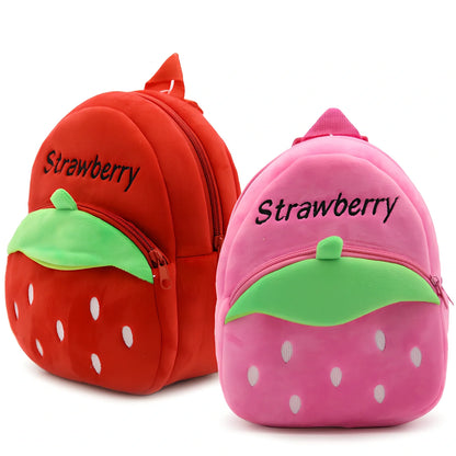 Children's strawberry print backpack with adjustable straps measuring 23.5cm height
