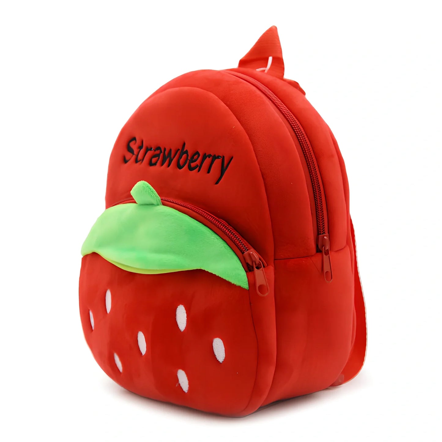 Children's strawberry print backpack with adjustable straps measuring 23.5cm height