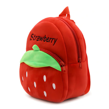 Children's strawberry print backpack with adjustable straps measuring 23.5cm height