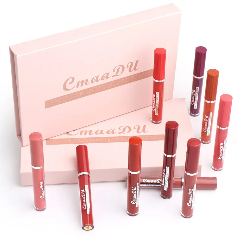 Women's non-stick waterproof matte lipstick 10 sticks Photo Color shade 3g each compact packaging