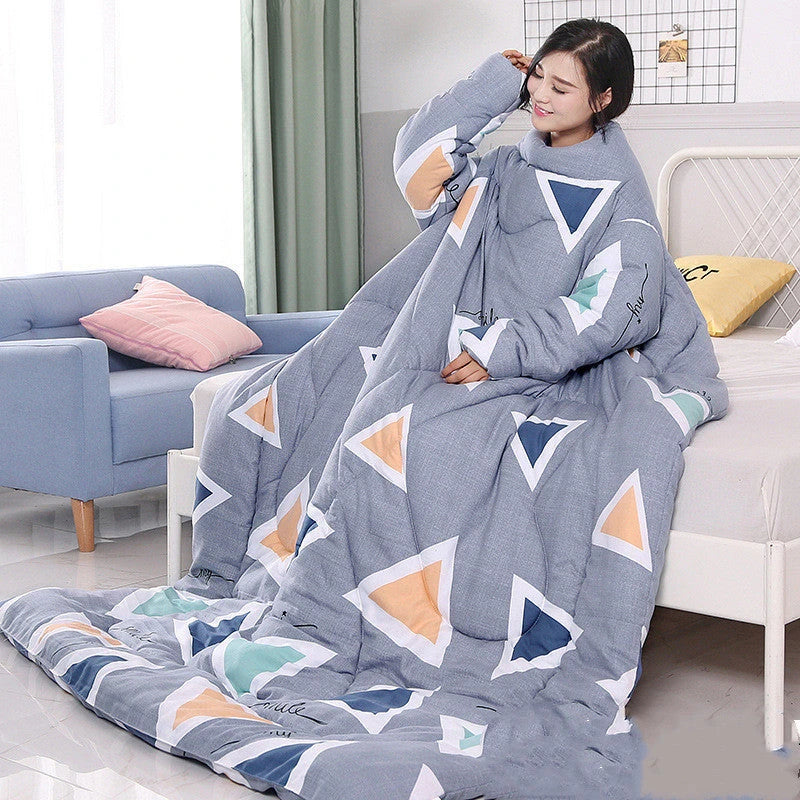 Cozy fleece-lined blanket with sleeves in various colors and designs, providing warmth and comfort for cold weather use.
