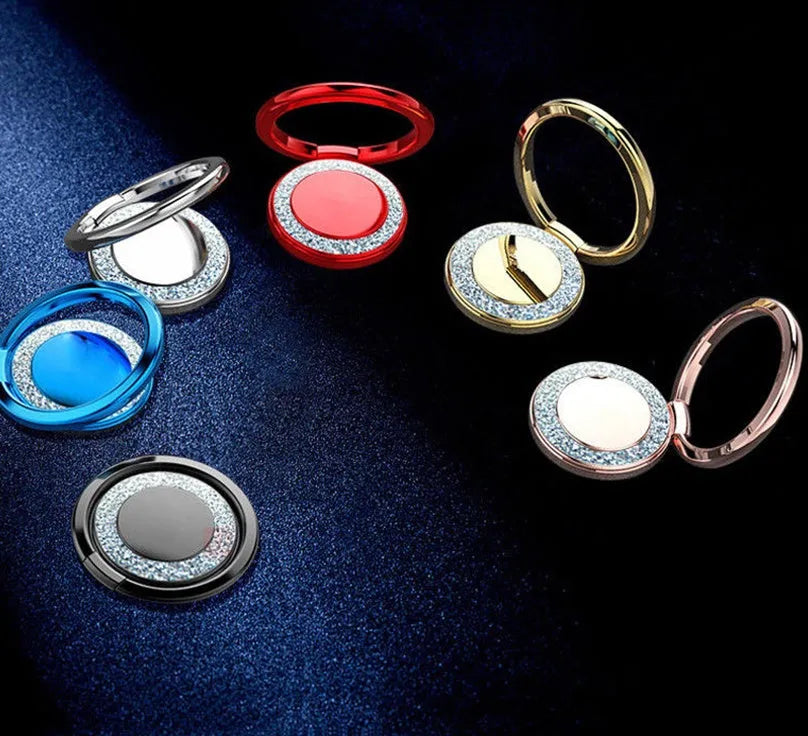 Bling glitter plating metal phone ring holder shown in silver colour, flipped upright as a stand.