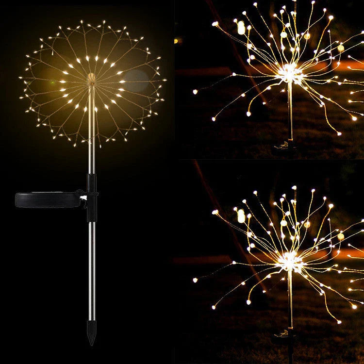 Solar-powered string lights with fireworks-inspired lighting effects, perfect for outdoor gardens, patios, and parties