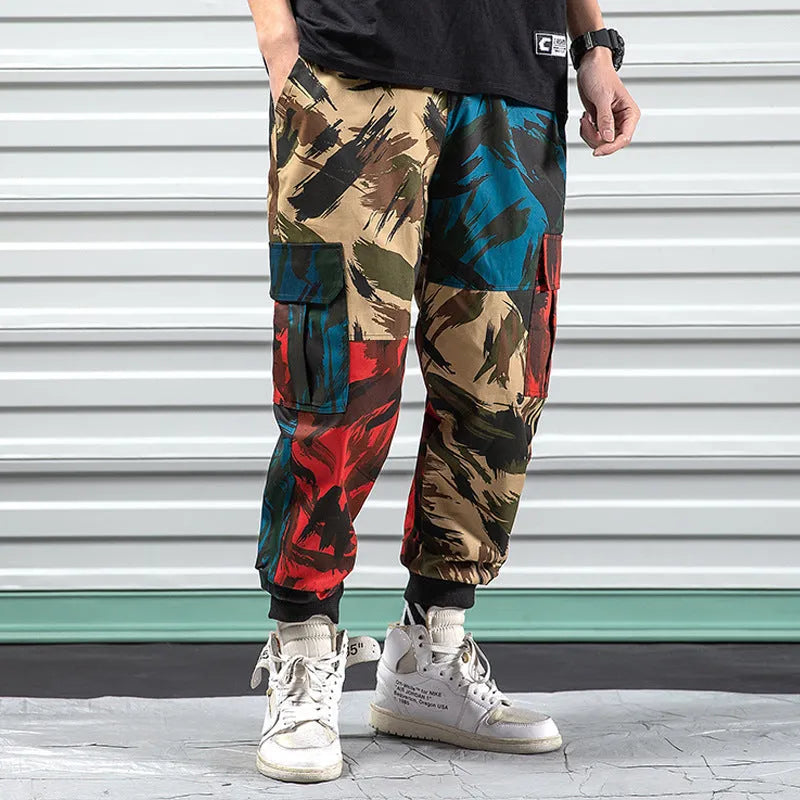 Blue camouflage overalls casual pants with loose fit, elastic waist, polyester fabric, sizes S to 5XL