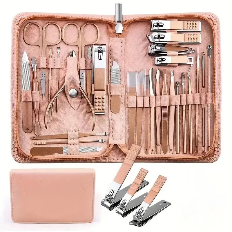 30-piece stainless steel nail tool set in selected colour showing multiple implements