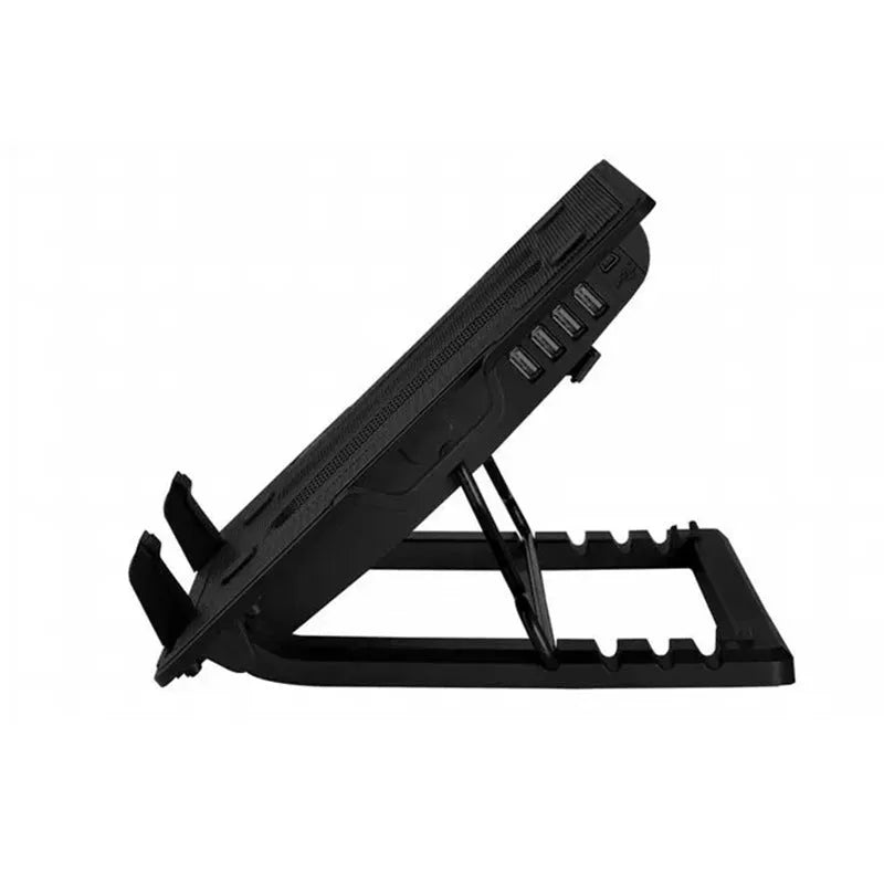 Black notebook cooler with 14cm LED fan, metal mesh surface, two adjustable props and dual USB ports
