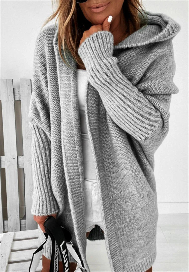 Oversized bat sleeve hooded cardigan in sheep wool blend, available in multiple colours