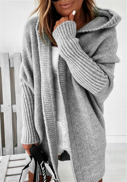 Oversized bat sleeve hooded cardigan in sheep wool blend, available in multiple colours