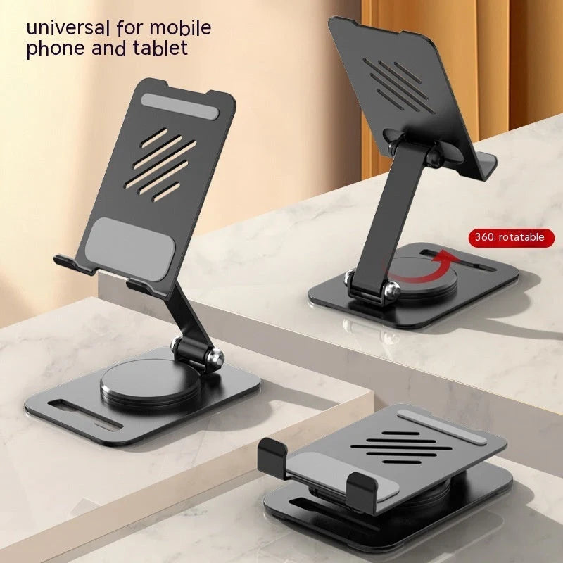 360-degree rotating metal stand for mobile phones and tablets in black, white, and silver