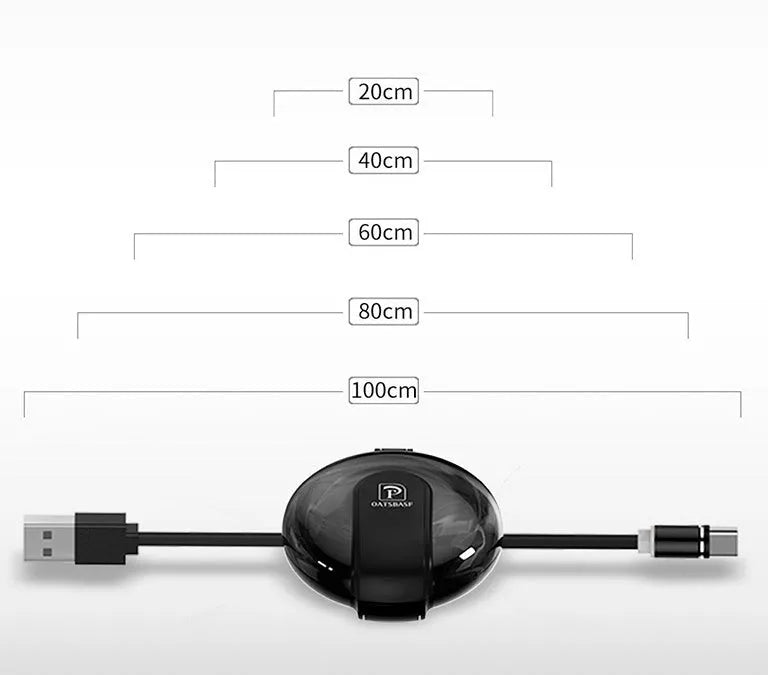 Black 3-in-1 magnetic retractable car phone charger and holder with 1 metre cable