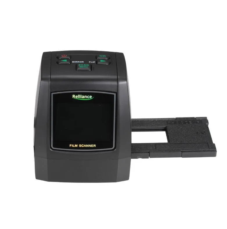 A compact grey film scanner for 135, 126, 110, and Super 8 negatives and slides, with a 2.4 inch LCD screen on the front.