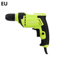 A black pistol-grip electric hand drill with a 10mm chuck, shown on a workbench.