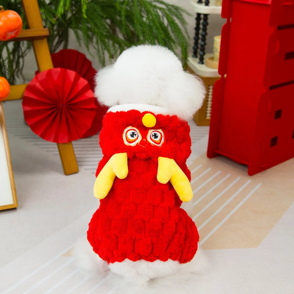 Red fluffy pet jacket with cartoon dragon design for small dogs and cats on a white background.
