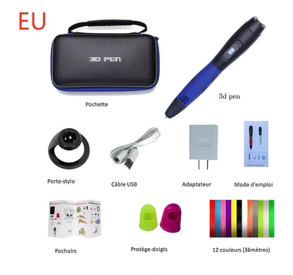 Blue six generations 3D printing pen with 12-colour PLA ABS consumables, base, and UK adapter for DIY graffiti