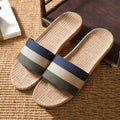 Linen open-toe home slippers with EVA sole in woven blue colour on a light background