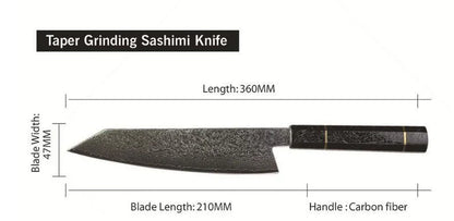 Exquisitely crafted 67-layer Damascus steel chef's knife with elegant brocade pattern and ergonomic resin-wood handle