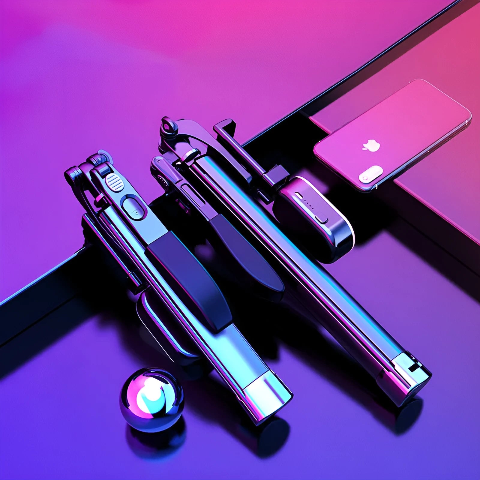 Black aluminium alloy Bluetooth selfie stick with tripod legs extended and remote control, shown at different lengths