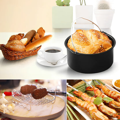 8-inch air fryer accessory set with cake barrel, pizza pan, silicone mat, and safety tools for multi-layer cooking