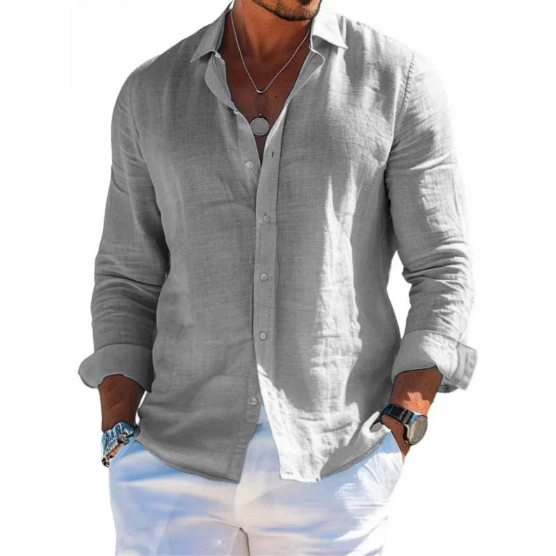 Men's long sleeve shirt casual loose lapel button top solid colour polyester plus size blouse clothing