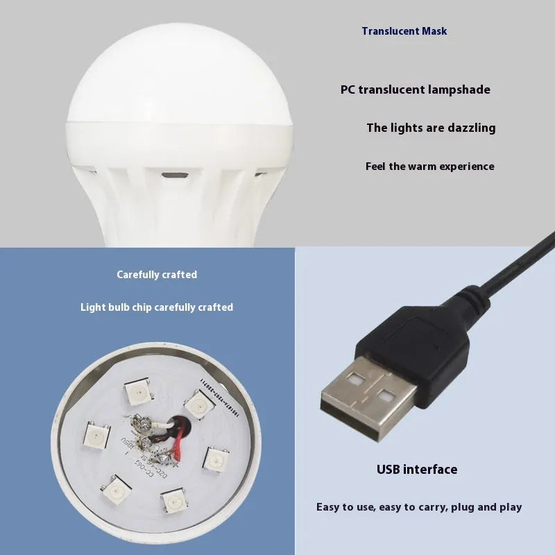 USB-powered RGB magic colour LED light bulb with a long white remote control wire.