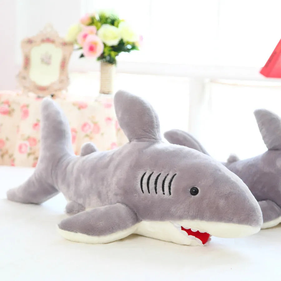 Grey shark plush toy 70cm long with short plush fabric and PP cotton filling, front view