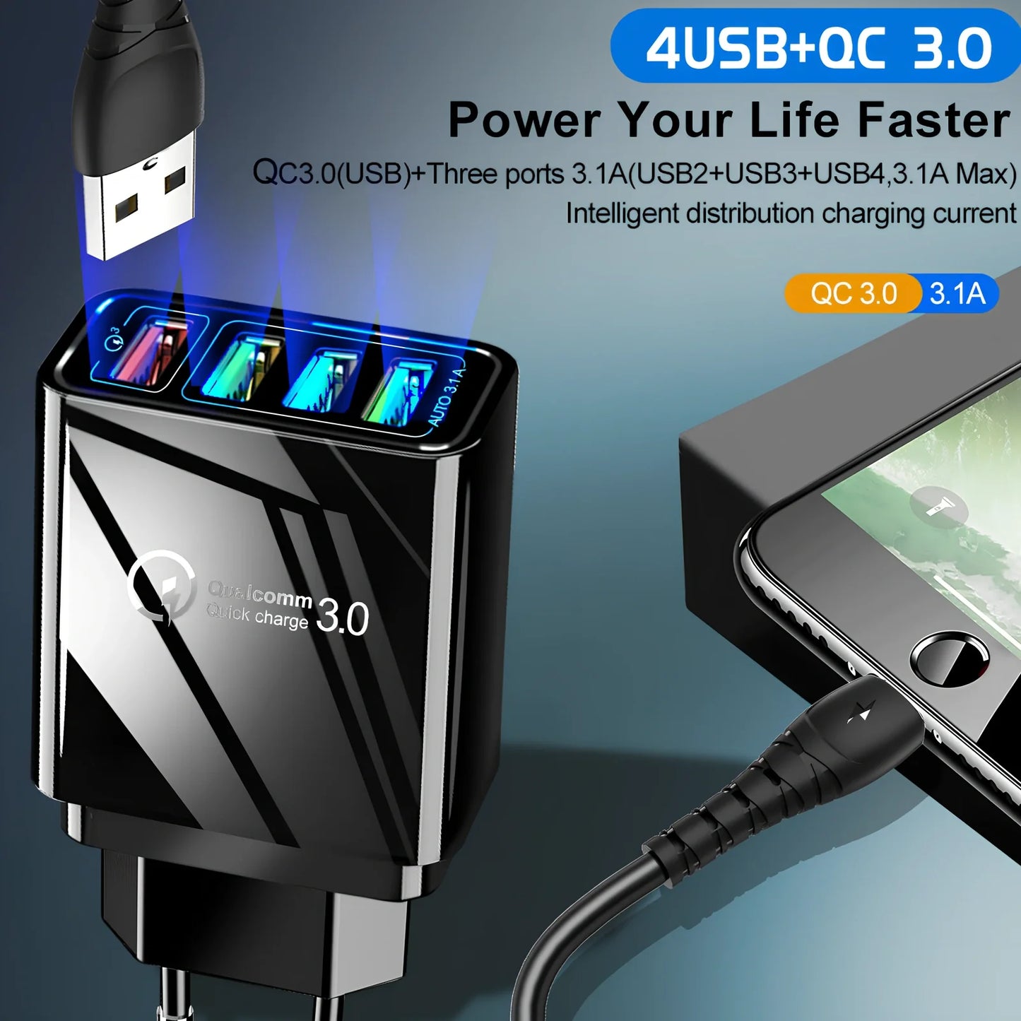 Black 4-port USB QC3.0 fast charger with 3100mA output for mobile phones and devices