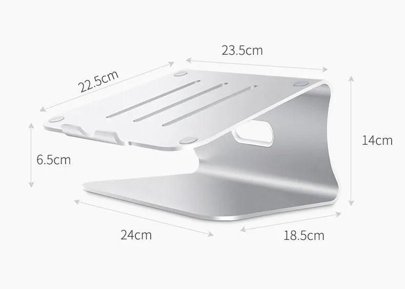 Aluminium alloy laptop cooling stand in silver and grey, showing 4.07mm thick rotary strip design.