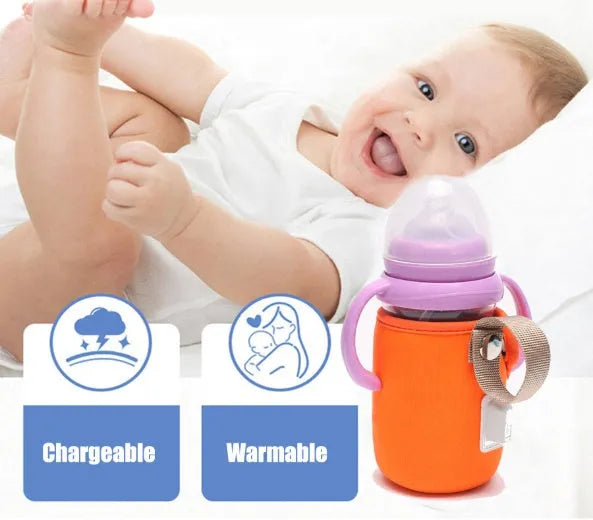 USB baby bottle warmer with cotton sleeve in orange or blue, showing dimensions of 6.5 cm by 10 cm