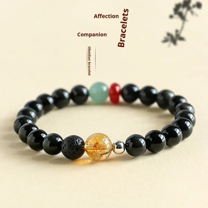 Chinese style obsidian and agate jade couple bracelet in 8mm and 10mm bead sizes