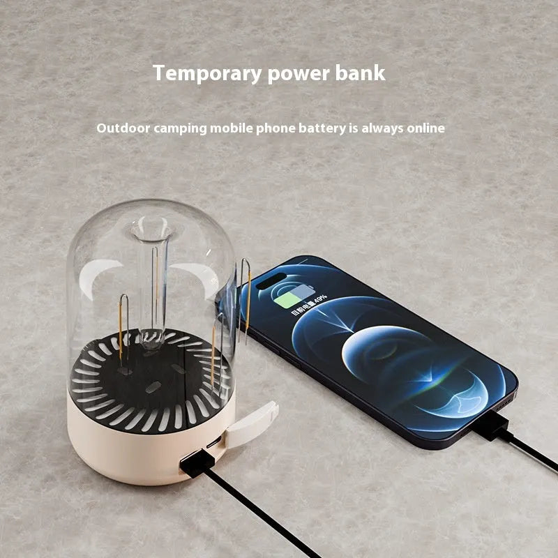 Beige and black camping LED light with USB output port and brightness control knob